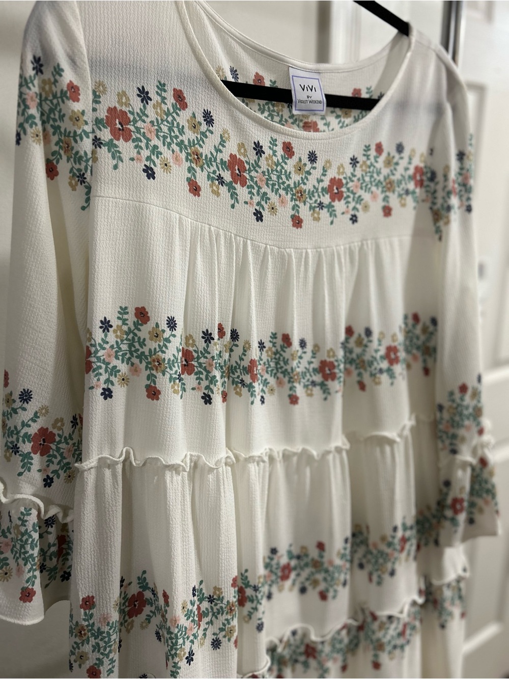 ViVI White Tiered Tunic Dress with Coral & Teal Floral Print